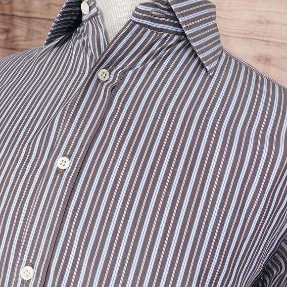 Thomas Pink Shirt Mens 16.5 Brown Blue Stripe French Cuff Jermyn Street Made UK - Picture 2 of 9
